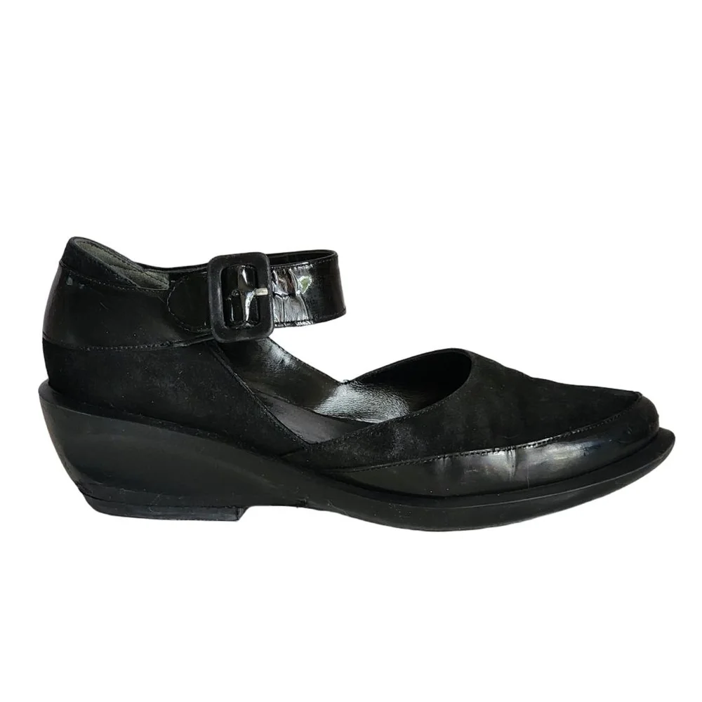 ROBERT CLERGERIE Black Suede Patent Leather‎ Ankle Strap Wedges 8.5